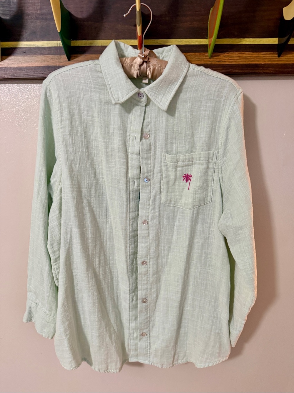 Surf Gypsy Light Mint Women's Swim Coverup with Pink Palm Embroidery
